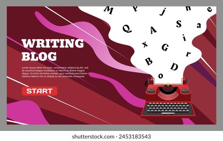 Writing blog landing page. Typewriter with article letters. Author blogging. Creative content. Journalists essay creating. Website design template. Text editor vlog. Vector background