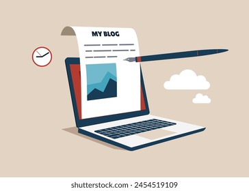 Writing blog on paper from online laptop computer. Content writer or blogger, start new blog writing article online or journalism, storytelling and social marketing. Flat vector illustration