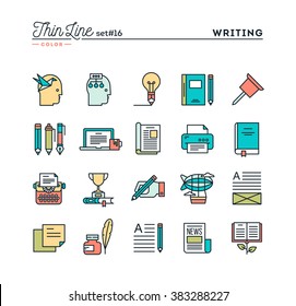 Writing, blogging, best seller book, storytelling and more, thin line color icons set, vector illustration