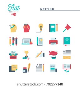 Writing, blogging, best seller book, storytelling and more, flat icons set, vector illustration