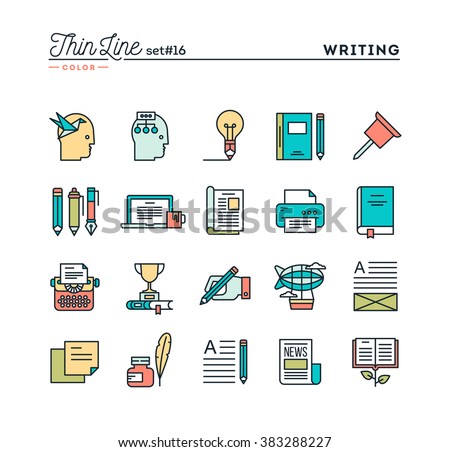 Writing, blogging, best seller book, storytelling and more, thin line color icons set, vector illustration