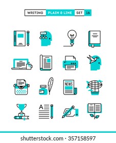 Writing, blogging, bestseller book, storytelling and more. Plain and line icons set, flat design, vector illustration