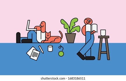 Writing and blogging concept illustration.Young man writing on laptop, paper and books at home. Vector flat style illustration. Character design.