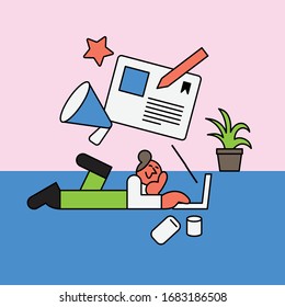 Writing and blogging concept illustration.Young woman writing on laptop at home. Vector flat style illustration. Character design.