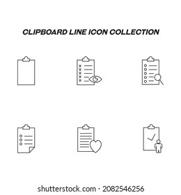 Writing board line icon set. Collection of editable strokes for web sites, applications, advertisements. Line icons of clipboards with cross, eye, magnifying glass, heart, user, checkmark 