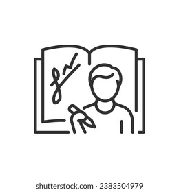 Writing a book, linear icon. A book under one's own authorship. Autograph. Signed by the author of the book. Meeting the author. Author's reading. Line with editable stroke