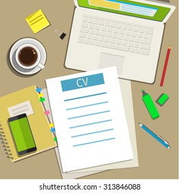 Writing a business cv resume concept. Flat design, vector illustration.