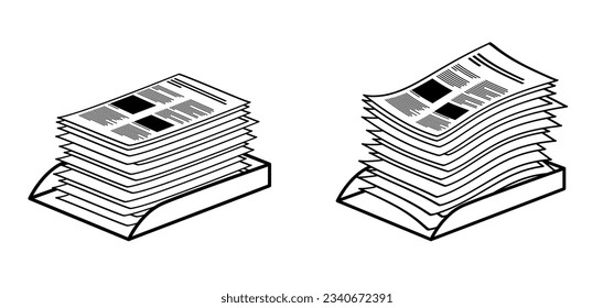 Writing business paper and letter tray. Trays for papers. Cartoon empty copy paper, stacked papers. Flat paper stack. Document, paperwork. Pile papers, file. Printouts, hardcopy documents. 