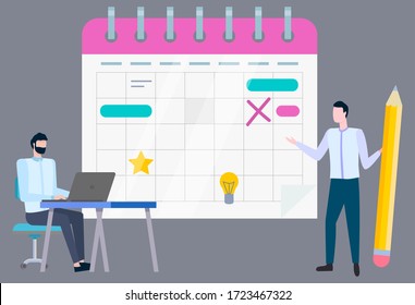 Writing business plan, board with decline crossmark, new idea as light bulb and star. Vector male manager with pencil in hands and worker typing on laptop