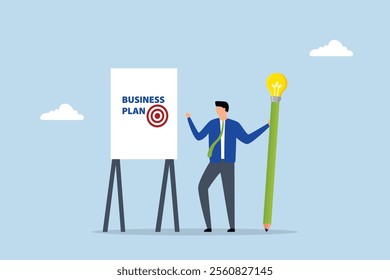 Writing business plan to list idea, entrepreneur grasping lightbulb concept pencil preparing to draft business strategy on whiteboard. 
