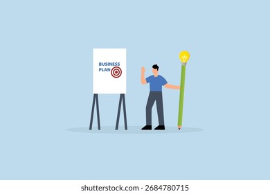 Writing business plan to list idea, entrepreneur grasping lightbulb concept pencil preparing to draft business strategy on whiteboard
