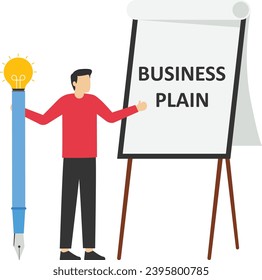 Writing business plan to list ideas, businessman holding light bulb idea pencil going to write business plan on blackboard, strategy and develop plan for success and win business competition concept.
