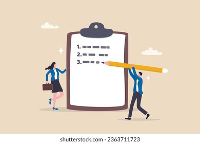 Writing business steps, procedure or development progress on clipboard, plan or solution checklist, challenge or achievement list, project goal concept, businessman writing procedure step on clipboard