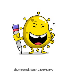 Writing cartoon of Covid-19. Funny vector design of Coronavirus character