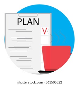 Writing checklist plan for business start up with coffee or tea. Vector illustration