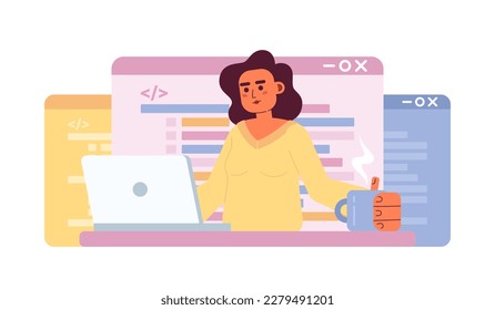 Writing code job flat concept vector spot illustration. Editable 2D cartoon character on white for web design. Applications, software programming creative idea for website, mobile, magazine