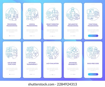 Writing code patterns blue gradient onboarding mobile app screen set. Walkthrough 5 steps graphic instructions with linear concepts. UI, UX, GUI template. Myriad Pro-Bold, Regular fonts used