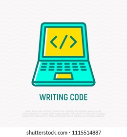 Writing code thin line icon: opened laptop with code. Modern vector illustration.
