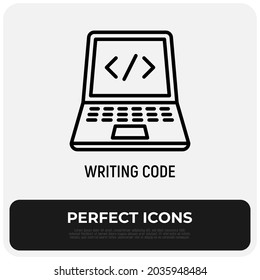 Writing code thin line icon, open laptop with code. Web development, programming. Modern vector illustration.