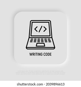Writing code thin line icon, open laptop with code. Web development, programming. Modern vector illustration.