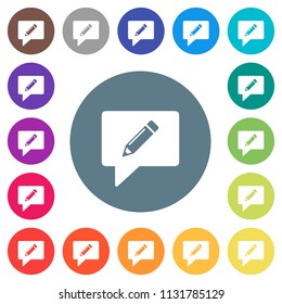 writing comment flat white icons on round color backgrounds. 17 background color variations are included.