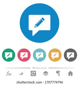 writing comment flat white icons on round color backgrounds. 6 bonus icons included.