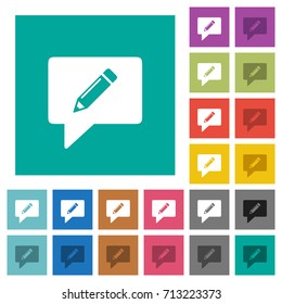 writing comment multi colored flat icons on plain square backgrounds. Included white and darker icon variations for hover or active effects.
