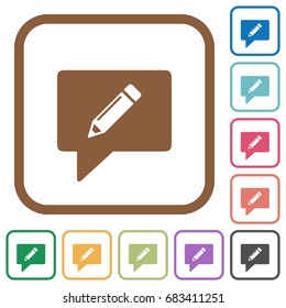 writing comment simple icons in color rounded square frames on white background