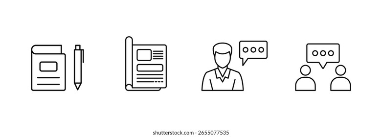 Ícones de escrita e comunicação vetor conjunto para o diálogo de mídia de educação de jornalismo e interação profissional no estilo gráfico linear moderno.