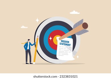 Writing company mission statement, strategy or value to achieve business goal, mission, vision and value, motivation or purpose, objective concept, businessman with pencil writing mission statement.