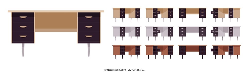 Writing, computer desk for working many storage drawers big set. Executive desktop table, organized business cabinet. Vector flat style cartoon home, office articles isolated on white background