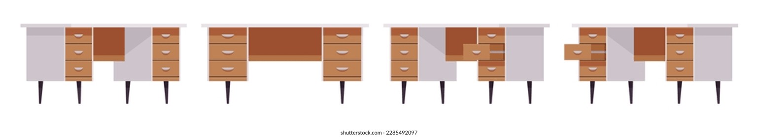 Writing, computer desk for working with storage drawer set. Table, classic business cabinet. Vector flat style cartoon home, office furniture articles isolated, white background front, side, rear view