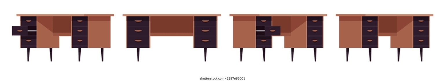 Writing, computer desk for working with storage drawer set. Table, classic business cabinet. Vector flat style cartoon home, office furniture articles isolated, white background front, side, rear view