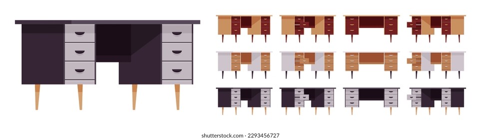 Writing, computer desk for working with storage drawers big set. Executive desktop table, organized business cabinet. Vector flat style cartoon home, office articles isolated on white background