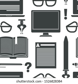 Writing concept. Studies, journalism seamless pattern. Computer, ink pen, paper with typed text or article, open book and glasses. Black graphic vector illustration on white background.