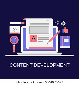 Writing content on laptop, developing online content for digital marketing, business content publication flat line vector illustration