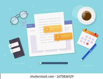 Writing content paper document online on website or creating electronic text web letter on table desk top view vector flat cartoon illustration, storytelling creation or doc editing modern design