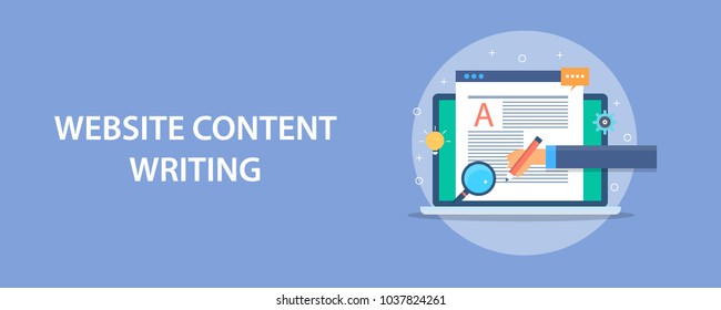 Writing content, website content development, content on laptop screen flat vector illustration 