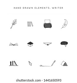 Writing, copywrite and publishing theme. Set of vector hand drawn icons. For business identity and branding, for writers, copywriters and publishers, for poets, journalist and bloggers.