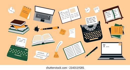 Writing and copywriting concept. Content creation Items. Laptop, typewriter flat vector illustration. Writer's workplace. Copywriter's items.