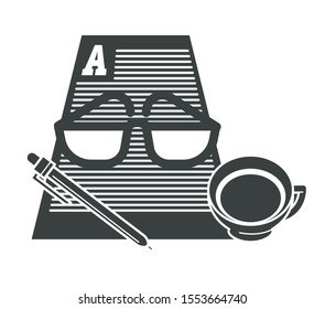 Writing, copywriting icon. Titled paper with text or article, pen, reading glasses, coffee cup, top view. Write for money, publishing, journalism, studies concept. Black and white vector illustration.