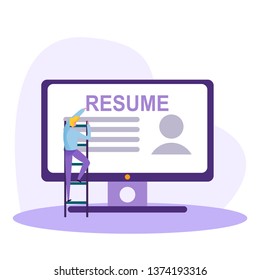 writing a correct resume, a person is looking for a new job, presenting your skills to a new employer, vector image, modern illustration