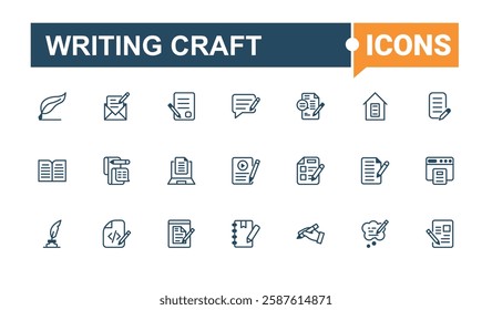 Writing Craft isolated icon set. Contains related to dictionary, typing, idea, book, textbook and more. Pixel perfect. Vector line and solid icons.