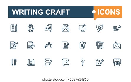 Writing Craft isolated icon set. Contains related to dictionary, typing, idea, book, textbook and more. Pixel perfect. Vector line and solid icons.