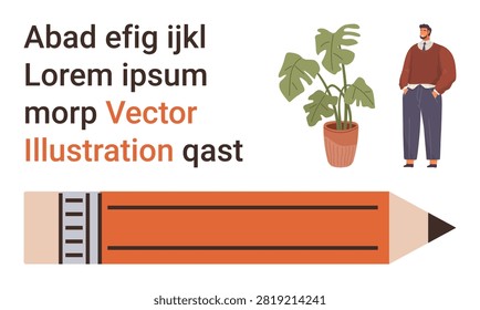 Writing, creativity, education, workspace, design ideas, learning. Graphic a large pencil, a potted plant textual elements and a person. Writing and creativity concept