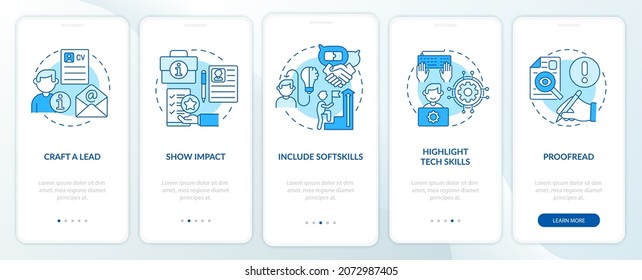 Writing cv blue onboarding mobile app page screen. Job hunting walkthrough 5 steps graphic instructions with concepts. Curriculum vitae. UI, UX, GUI vector template with linear color illustrations