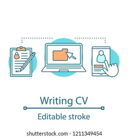 Writing CV concept icon. Job searching idea thin line illustration. Sending job application and resume. Sign up, registration. Vector isolated outline drawing. Editable stroke