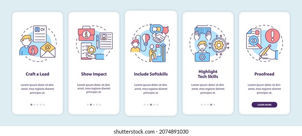 Writing cv onboarding mobile app page screen. Job hunting walkthrough 5 steps graphic instructions with concepts. Curriculum vitae. UI, UX, GUI vector template with linear color illustrations
