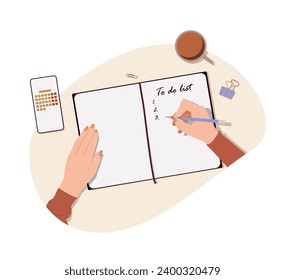 Schreiben des täglichen Plans auf das Formular zur Liste. Hand mit Bleistift Making Todo Notizen in Papier-Notebook mit Kaffee-Tasse, Smartphone auf dem Schreibtisch. Organisation der persönlichen Zeit, Zeitplan. Flache Vektorgrafik.