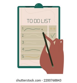 Writing daily plan on to-do list form. Hand with pen making todo notes on paper sheet on clipboard. Organizing personal time, schedule. Flat graphic vector illustration isolated on white background